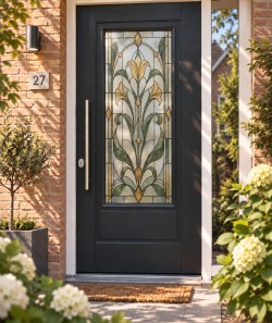 Bedrukte raamfolie voordeur glas in lood met sierlijke lelies1